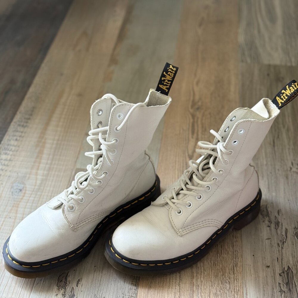 Dr. Martens Women's 1490 Virginia White Leather 10-Eye Mid Calf Boots,  softest